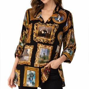 John Mark Button Front Tunic Blouse Top Vintage Portrait Novelty Print NWT